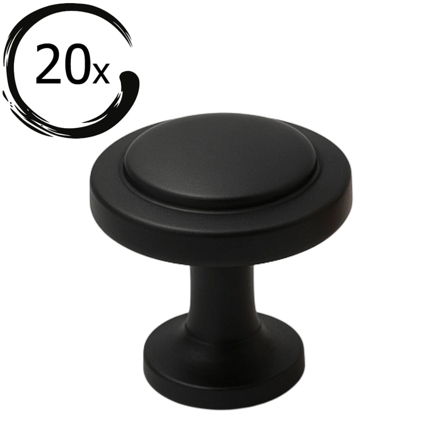 Ronde mat zwarte meubelknop Memphis 32mm diameter, set van 20 stuks met zichtbare '20x' markering op witte achtergrond