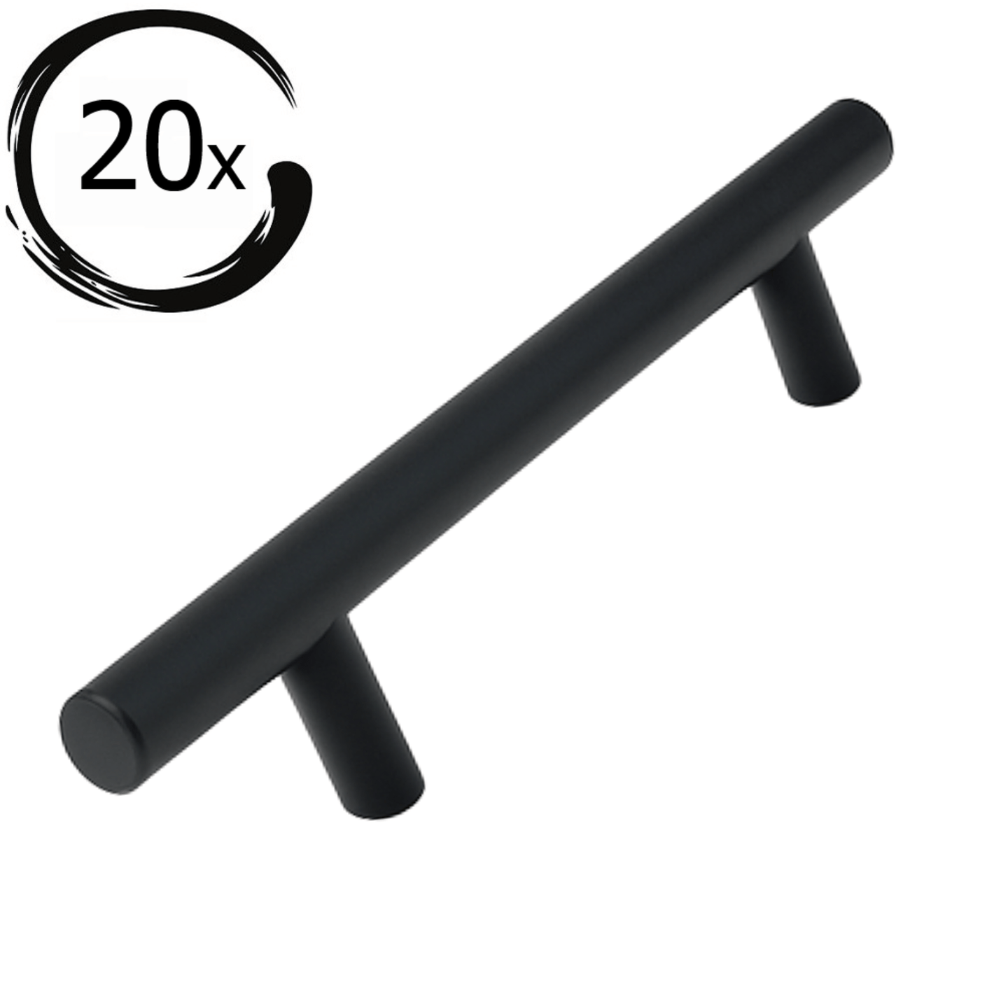 Set van 20 mat zwarte RVS handgrepen Denver met boormaat 128mm getoond in diagonale compositie