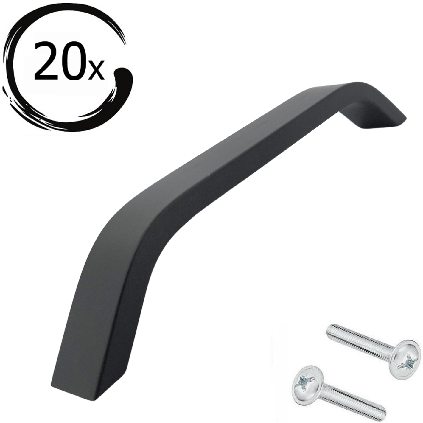 Set van 20 zwarte Tulsa handgrepen van 128mm met afgeronde vorm, getoond met bevestigingsschroeven